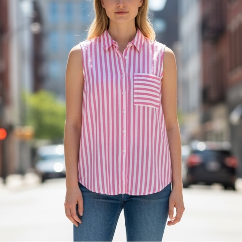 Beach Lunch Lounge Womens Shirt Top Size Small Pink Striped Sleeveless Button Up